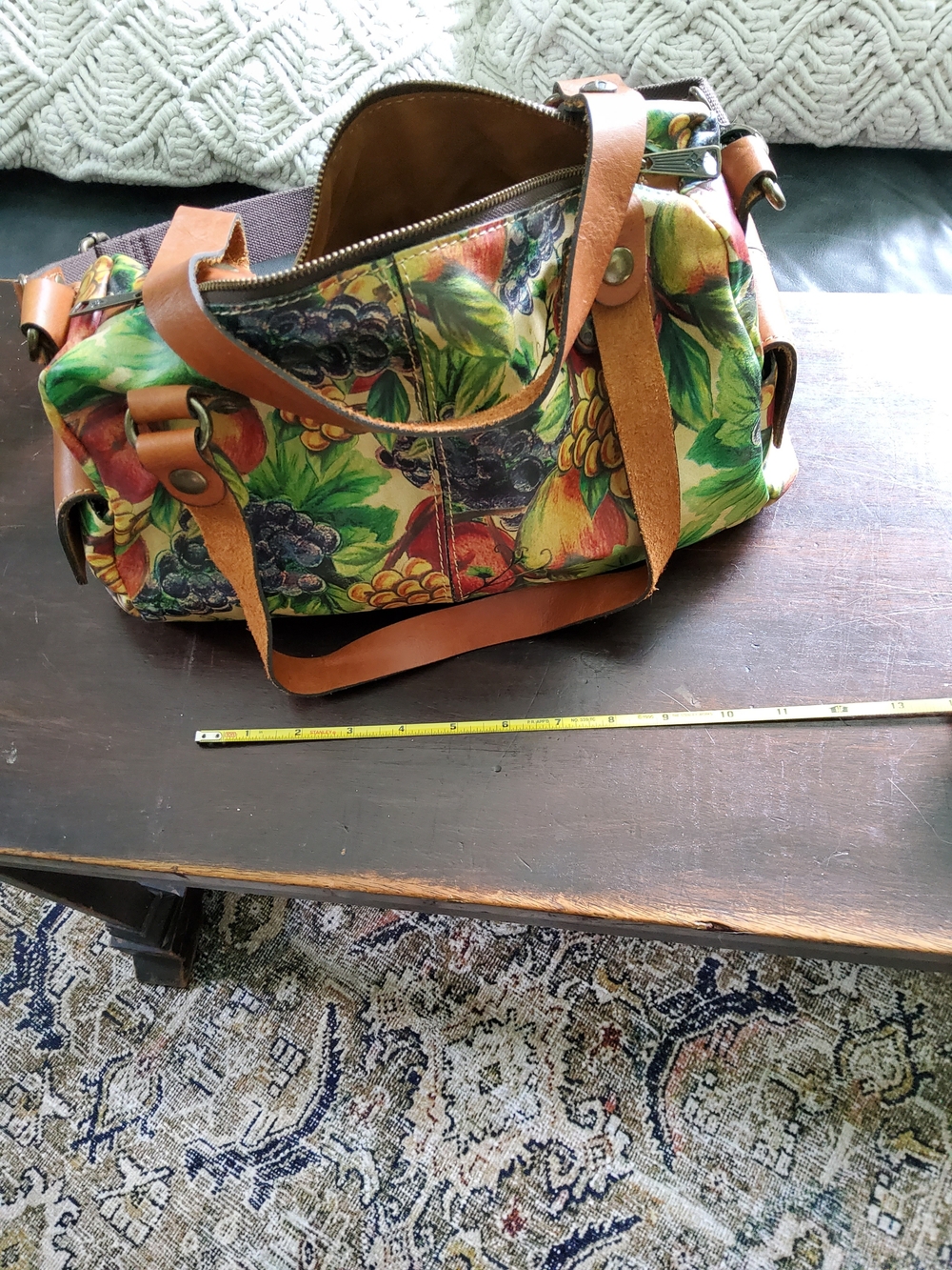 Patricia Nash Fruit Print leather Duffel Bag with Tan Leather Straps New